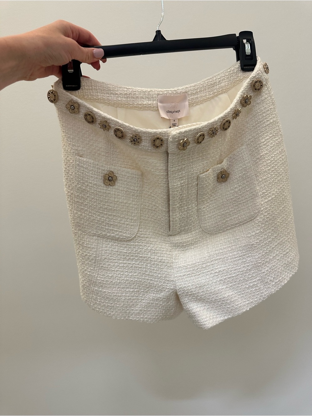 cinq a sept Cream Tweed High-Waist Shorts with Decorative Buttons
